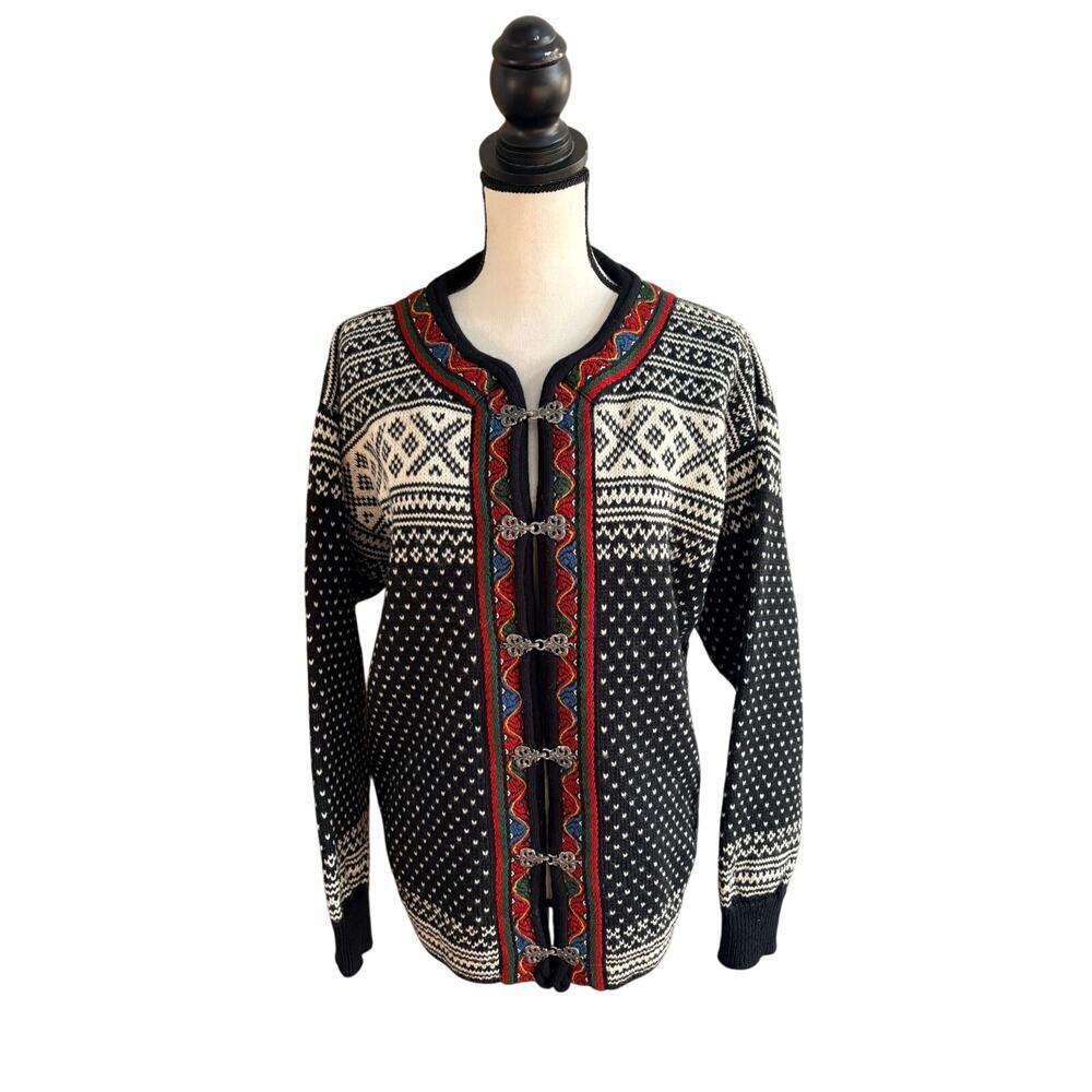 Dale of Norway Men’s Wool Cardigan Sweater Nordic Fair Isle Black White Red M